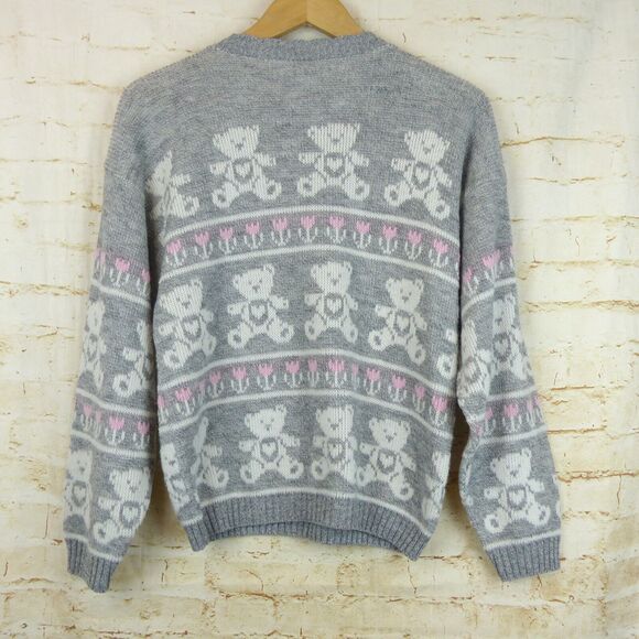 VTG 80s Adele Sweater Womens L Gray Pink Teddy Bears Floral Kidcore Kawaii USA - Picture 8 of 8
